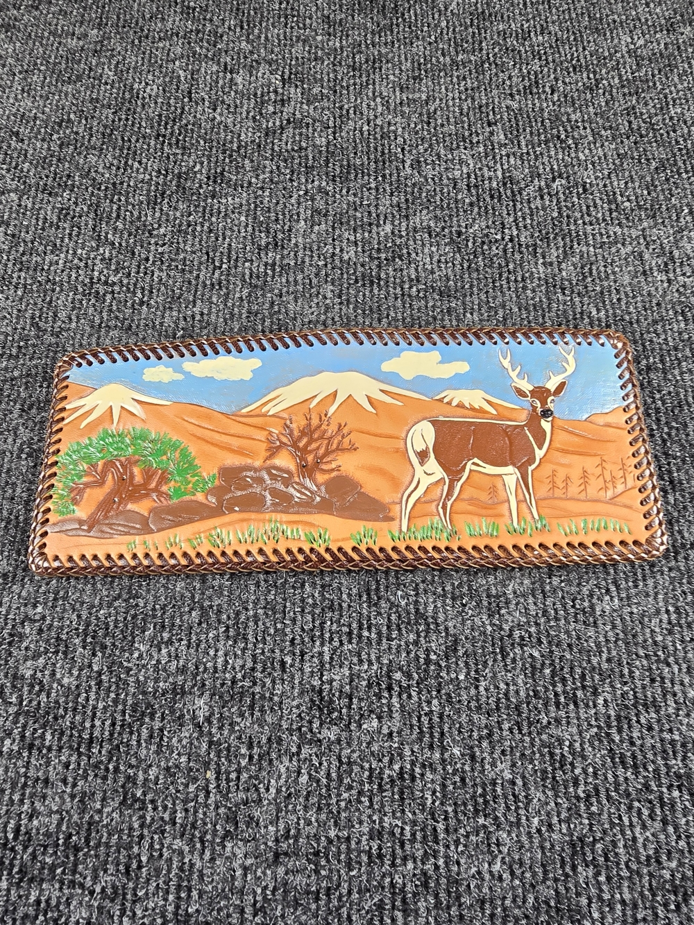 Vintage Tooled Leather Deer Buck Wallet Hand Painted Western Mountain Bifold